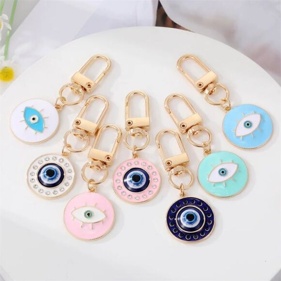 Round Evil Eye Keychain Keyring NWT Zinc Alloy Rhinestone - Picture 1 of 6